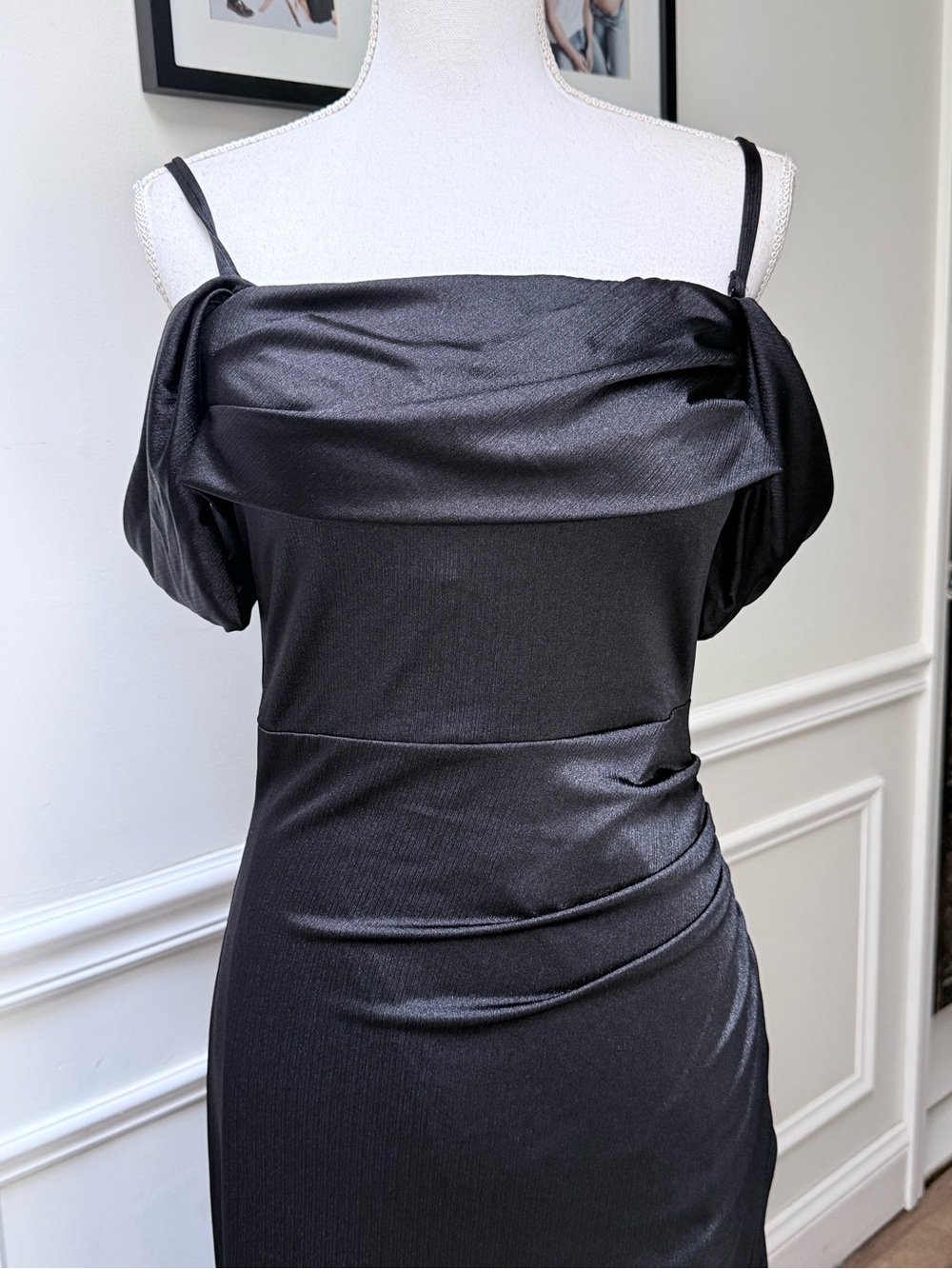 Popilush Metallic Shapewear Maxi Dress Off Shoulder Ruched High Slit Black L - Picture 7 of 16